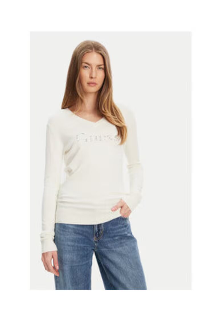 GUESS Pulover cu decolteu in V cu strasuri si logo brodat