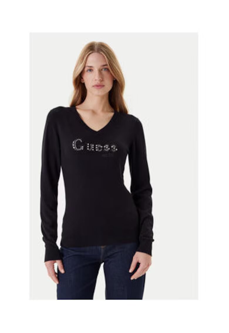 GUESS Pulover cu decolteu in V decorat cu strasuri