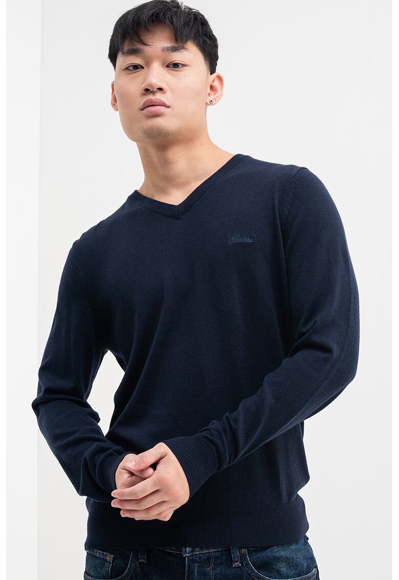 GUESS Pulover cu decolteu in V si logo - Albastru inchis