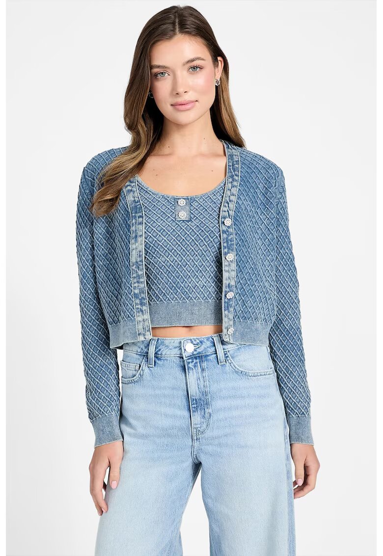 GUESS Pulover cu decolteu in V si nasturi - Albastru inchis