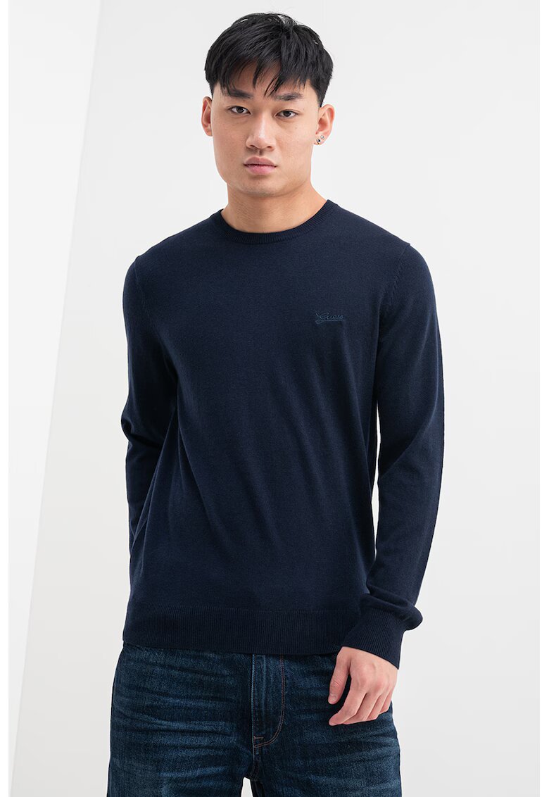 GUESS Pulover cu decolteu la baza gatului si logo - Bleumarin