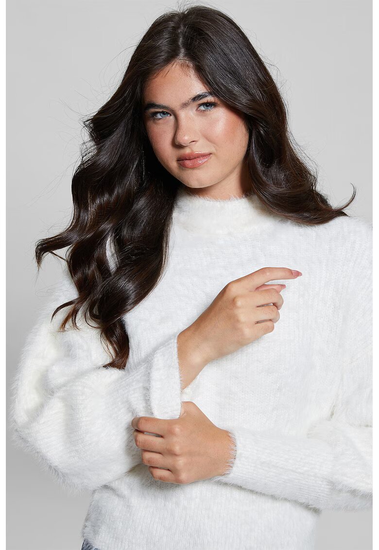 GUESS Pulover cu decolteu la baza gatului si terminatii striate - Alb