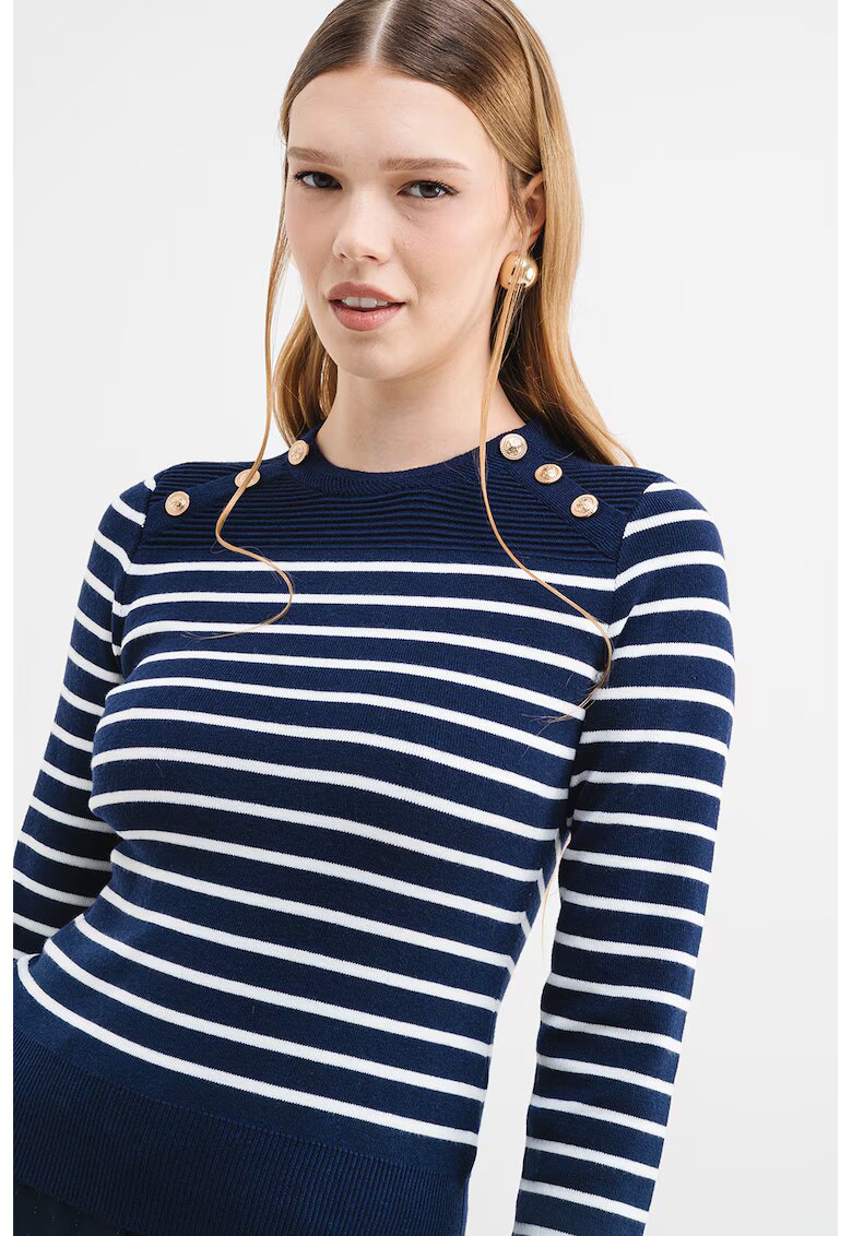 GUESS Pulover cu dungi si nasturi decorativi - Alb/Albastru inchis