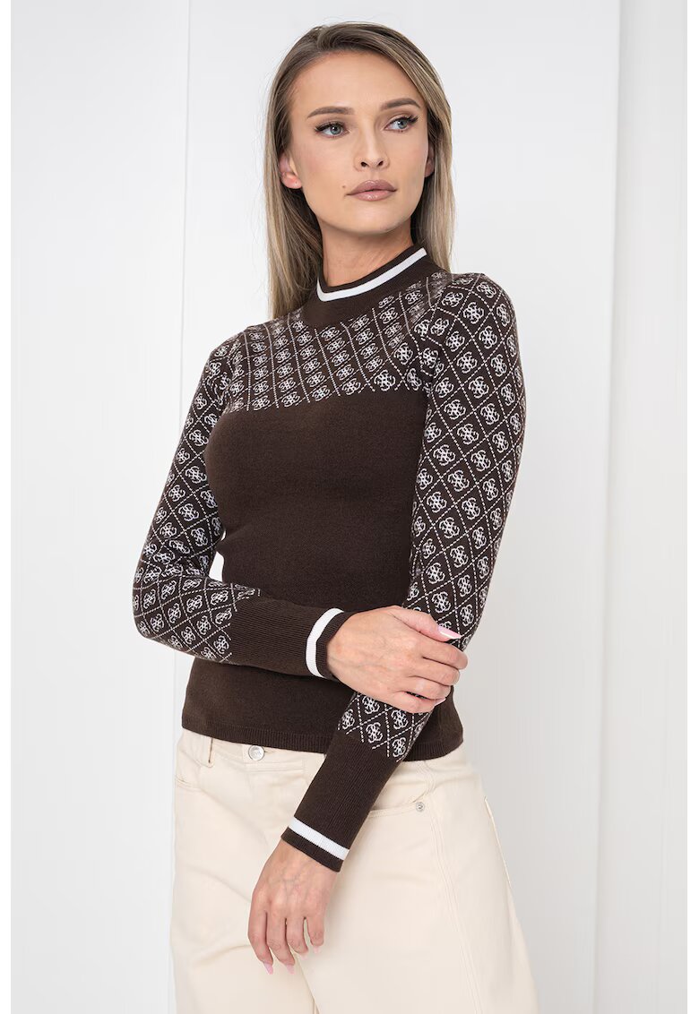 GUESS Pulover cu guler scurt si garnitura cu model - Alb/Maro inchis