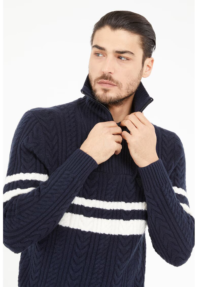 GUESS Pulover din amestec de lana cu model torsade si fenta cu fermoar - Alb/Albastru ultramarin