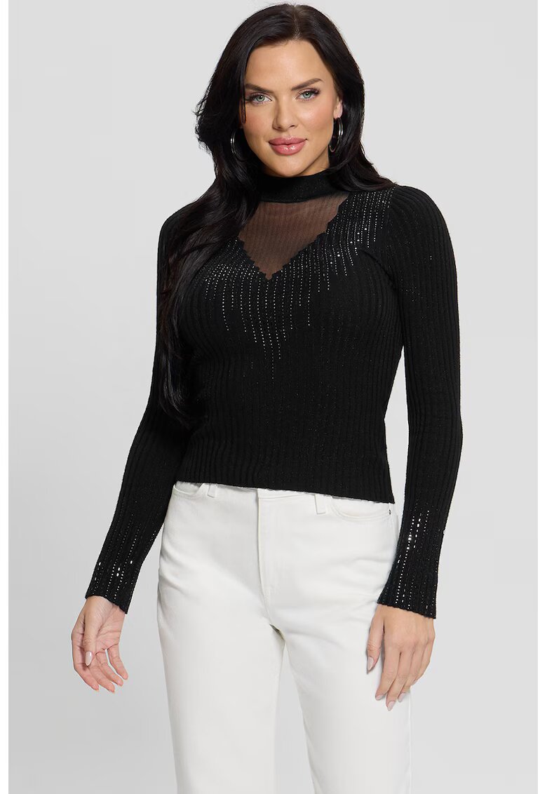 GUESS Pulover striat cu strasuri - Negru