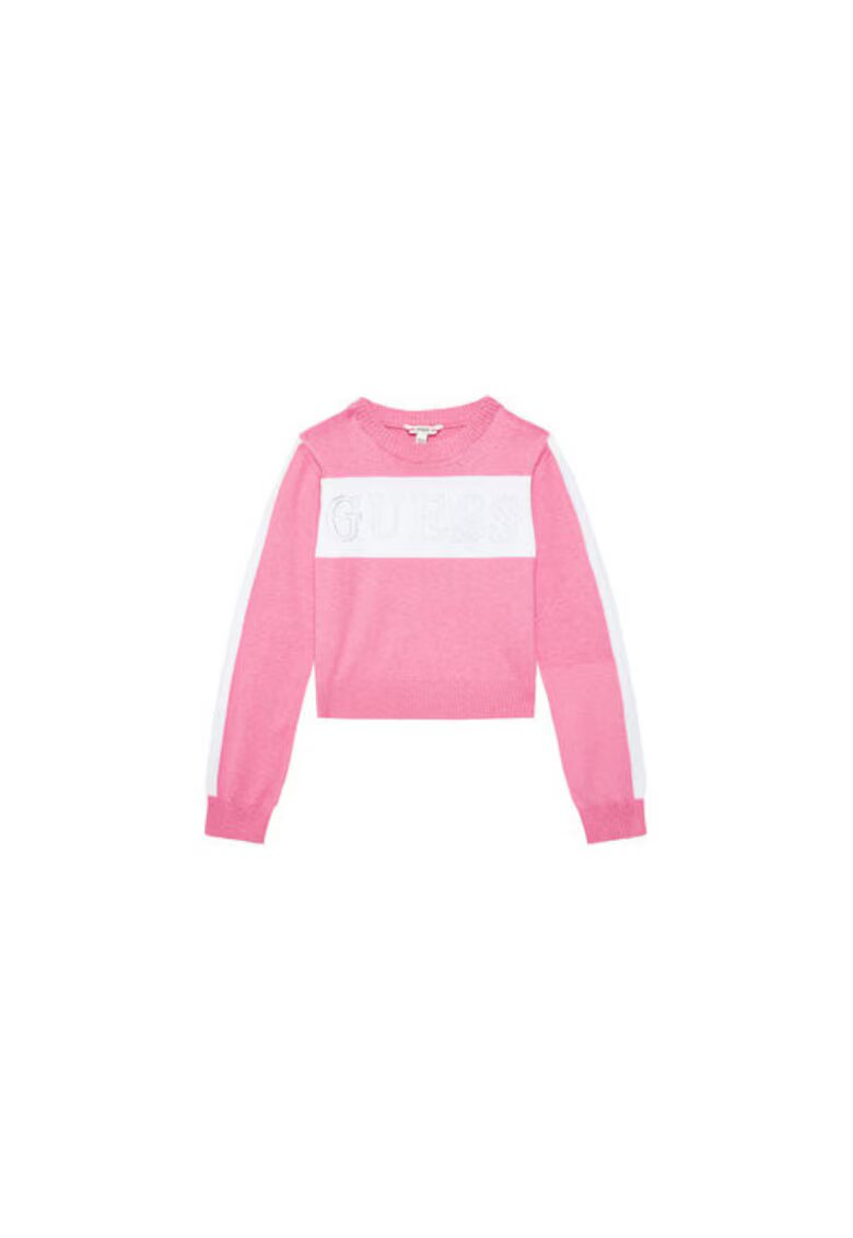 GUESS Pulover tricotat din amestec de bumbac cu decolteu la baza gatului si logo din strasuri