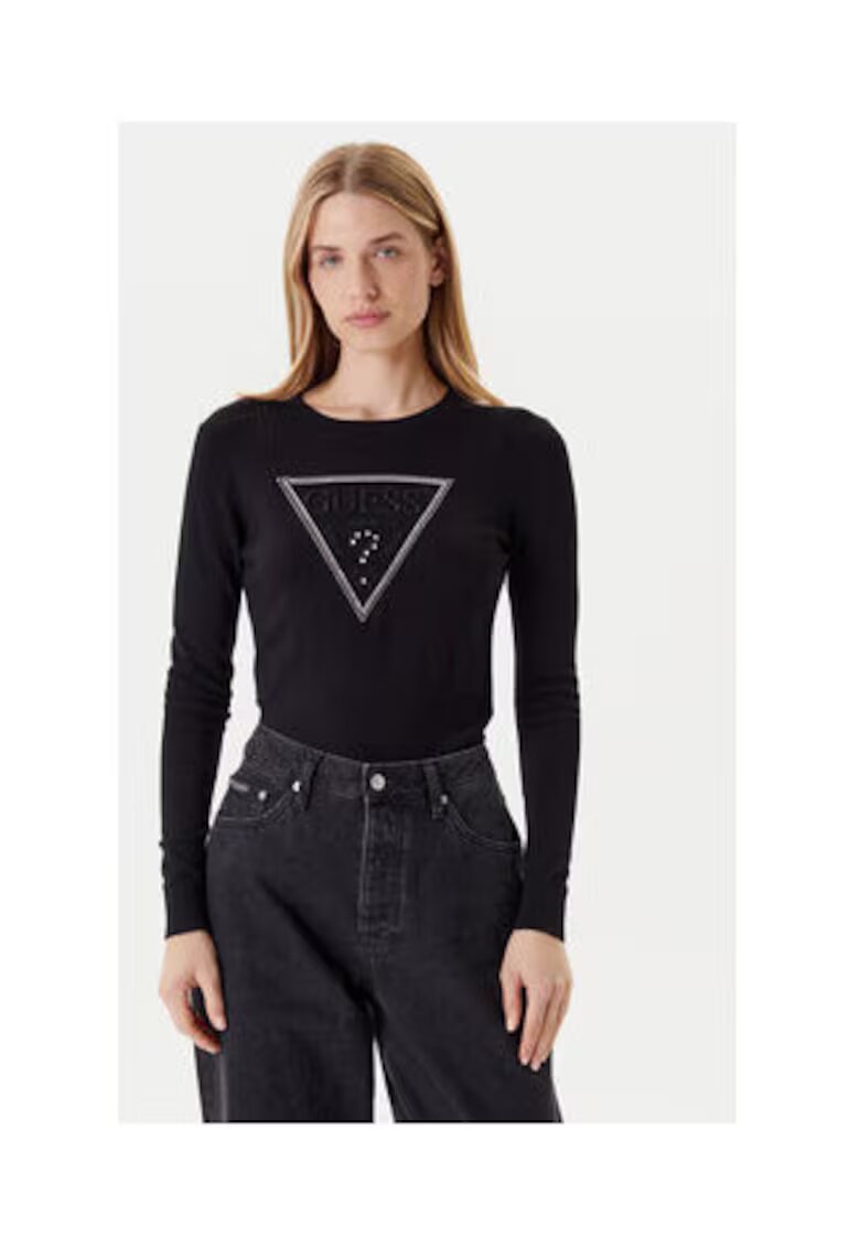 GUESS Pulover tricotat subtire cu strasuri si logo brodat