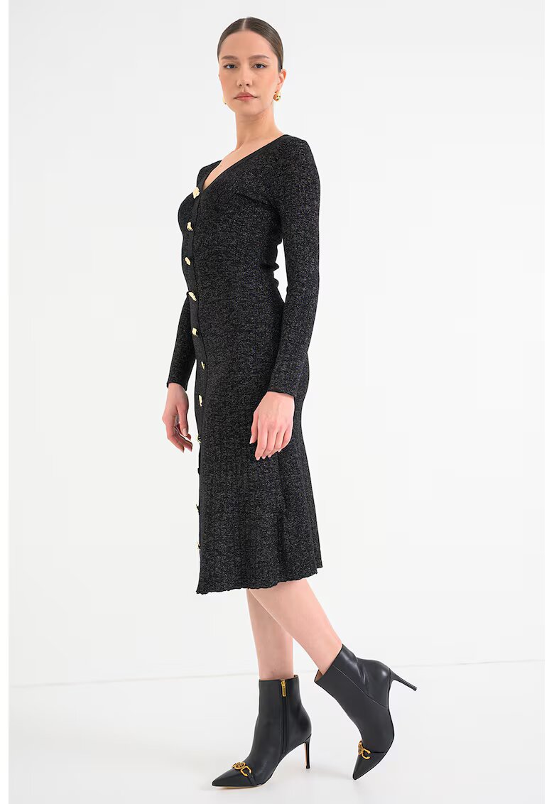 GUESS Rochi midi din tricot cu nasturi metalici - Auriu/Negru