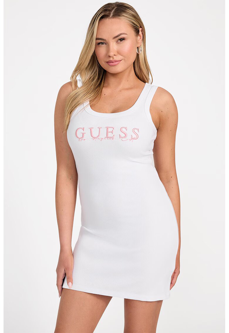GUESS Rochie cambrata cu logo brodat - Alb/Roz