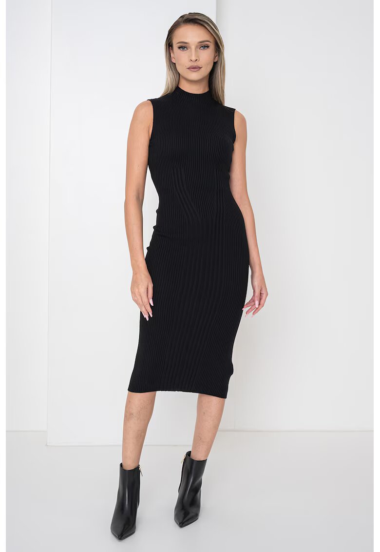 GUESS Rochie cambrata din amestec de casmir si matase cu guler inalt - Negru