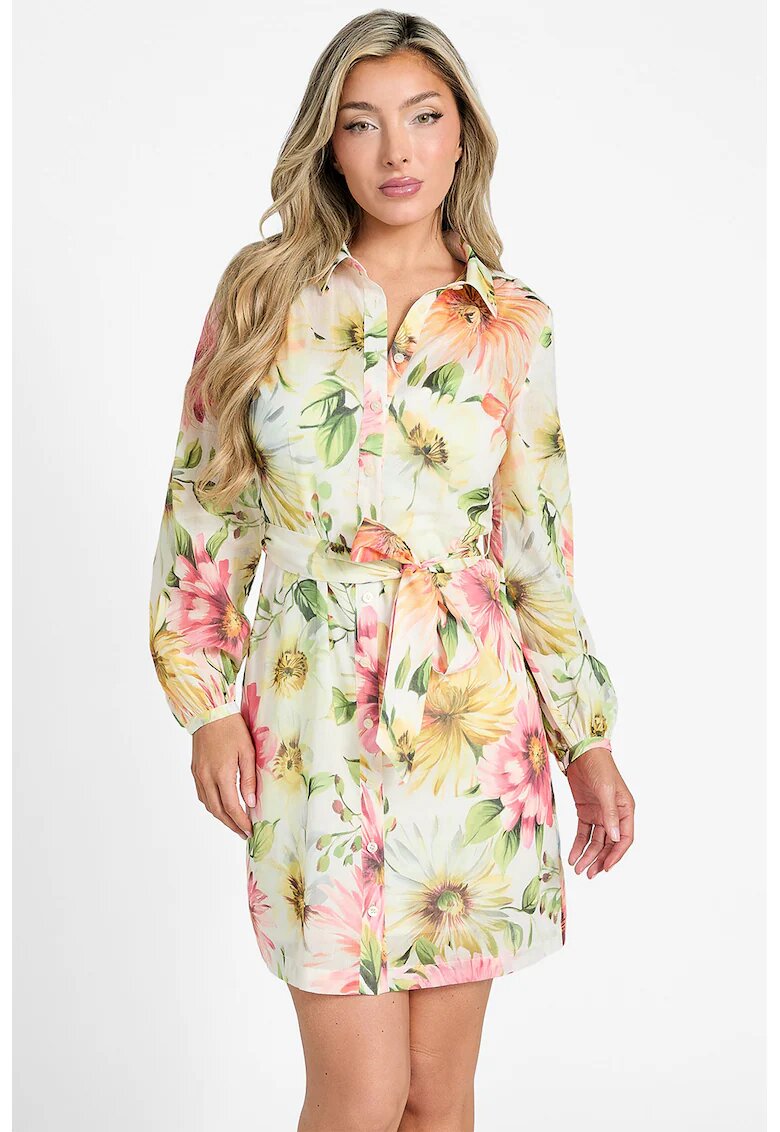 GUESS Rochie cu model floral si cordon in talie - Alb/Verde/Roz
