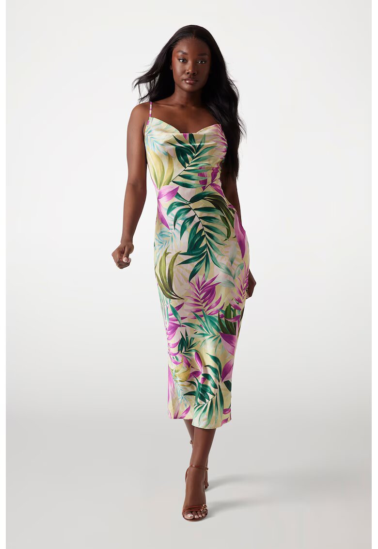 GUESS Rochie midi cu imprimeu cu frunze - Verde/Galben/Roz