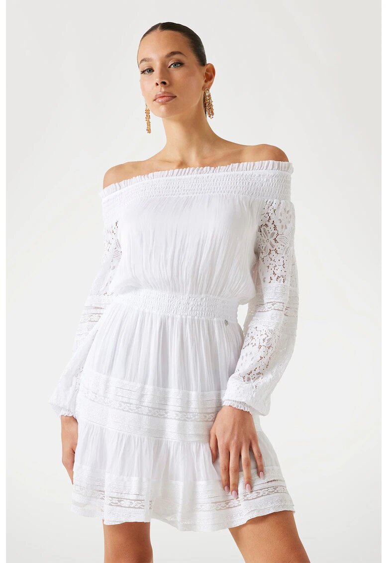 GUESS Rochie mini din amestec de matase cu decolteu pe umeri - Alb