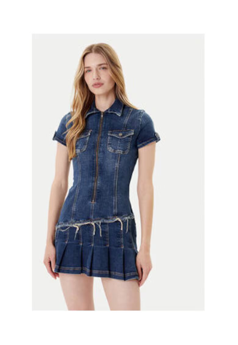 GUESS Rochie mini din denim cu pliuri și franjuri