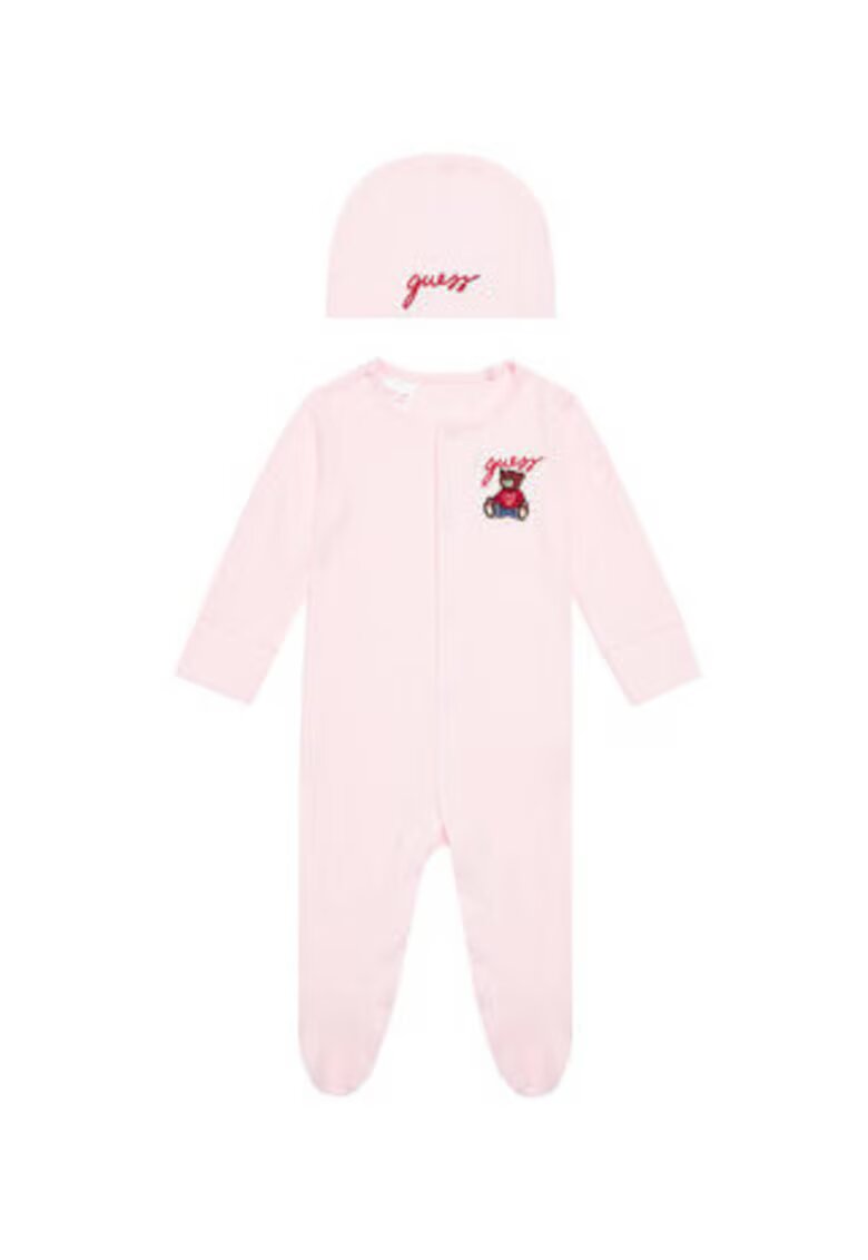 GUESS Set de caciula si salopeta din amestec de bumbac organic