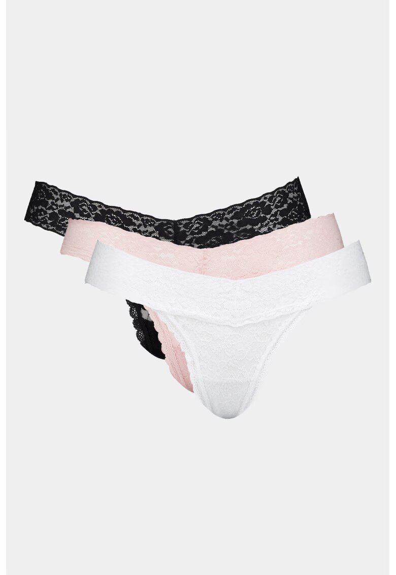 GUESS Set de chiloti tanga de dantela - 3 perechi - Alb/Negru/Roz pastel