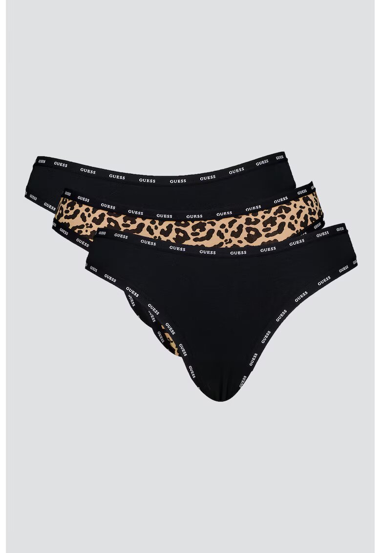 GUESS Set de chiloti tanga din amestec de bumbac - 3 perechi - Negru/Maro deschis