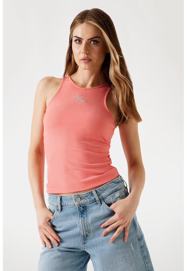 GUESS Top cu decolteu la baza gatului si logo - Coral