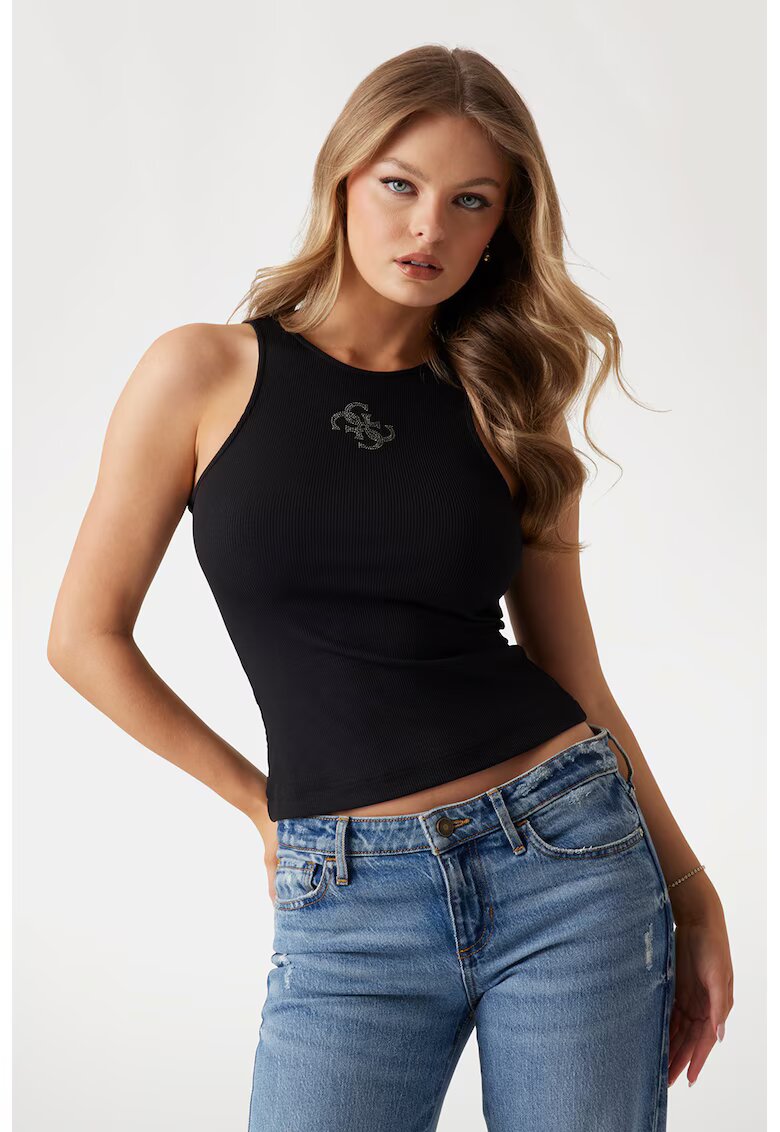 GUESS Top cu decolteu la baza gatului si logo - Negru