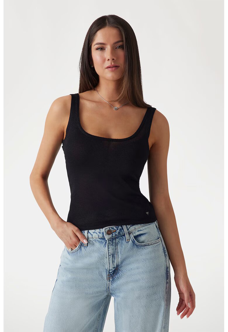 GUESS Top cu decolteu rotund si insertii stralucitoare - Negru