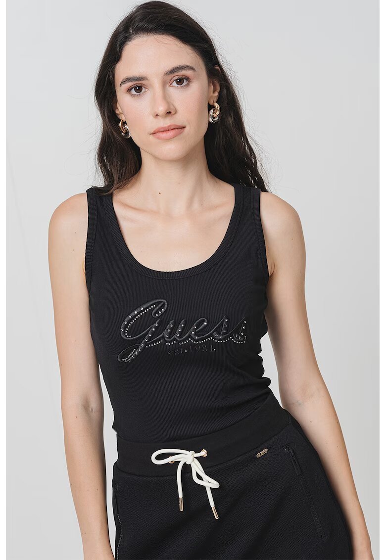 GUESS Top cu logo brodat - Negru