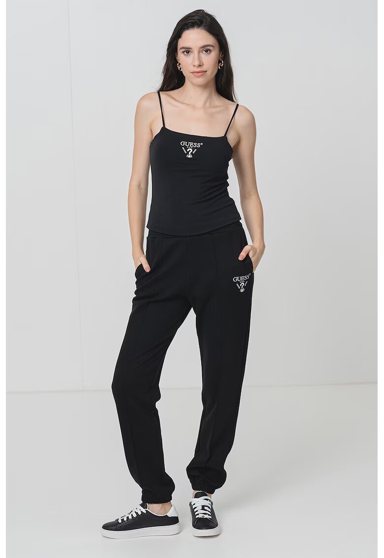 GUESS Top cu logo brodat - Negru stins/Alb murdar