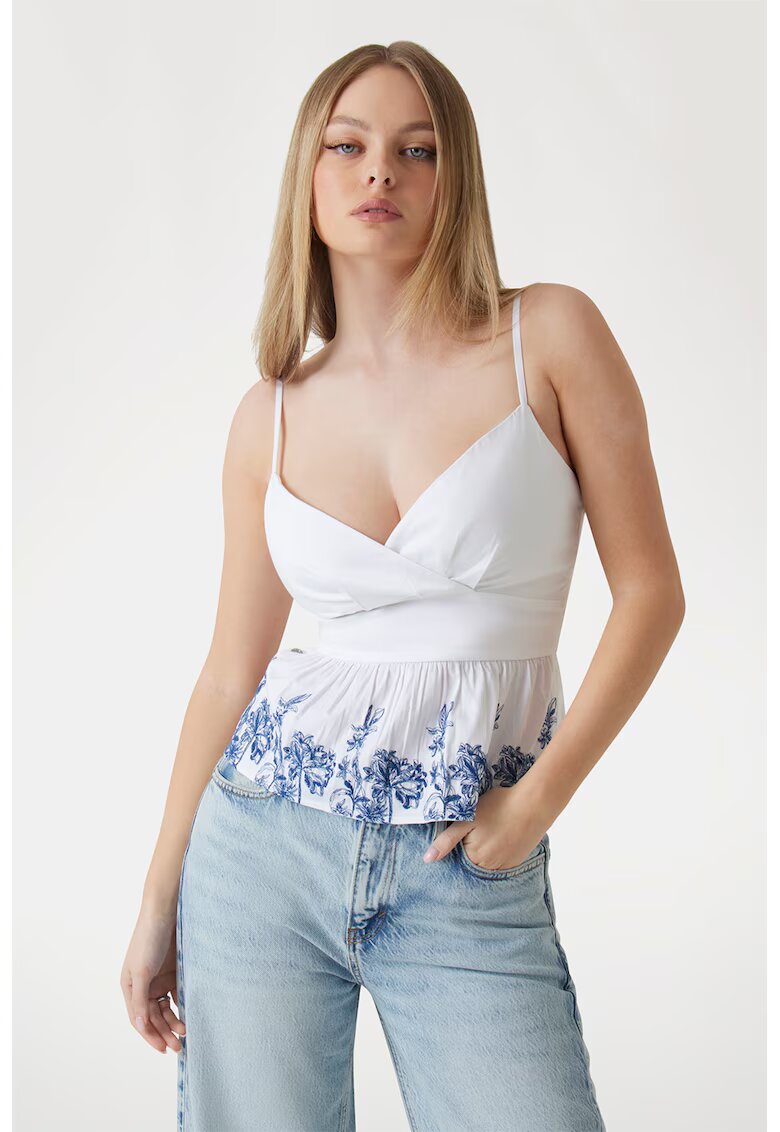GUESS Top de bumbac cu decolteu in V - Alb