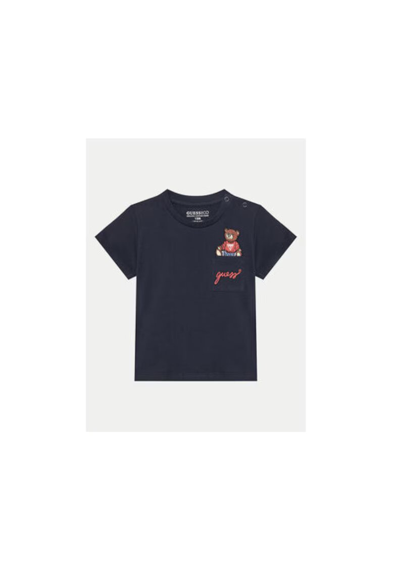 GUESS Tricou bleumarin cu buzunar pe piept si imprimeu