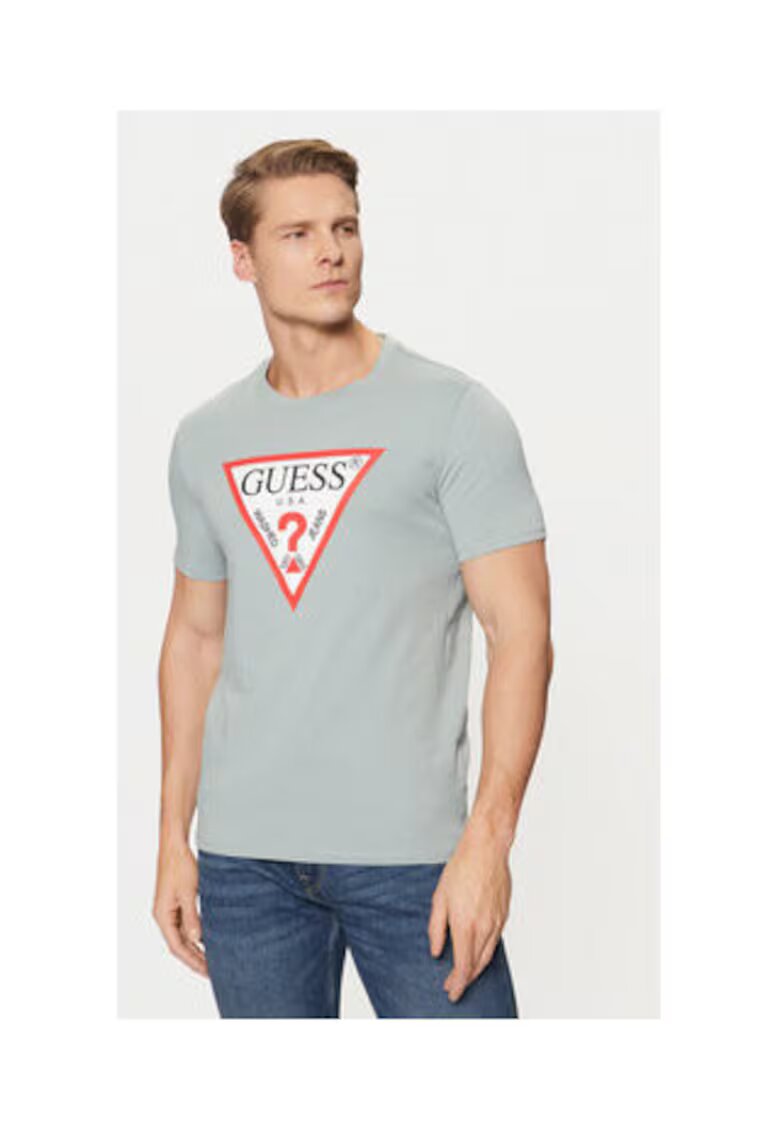 GUESS Tricou bumbac cu decolteu la baza gatului si logo - Gri deschis