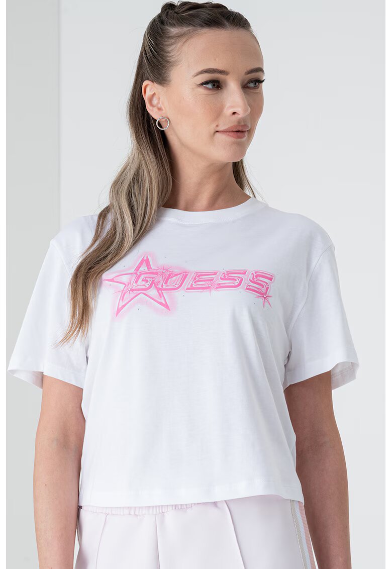 GUESS Tricou crop cu imprimeu logo pentru fitness - Alb/Roz