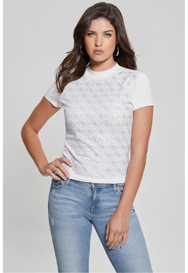 GUESS Tricou crop cu model monograma cu strasuri - Alb/Argintiu