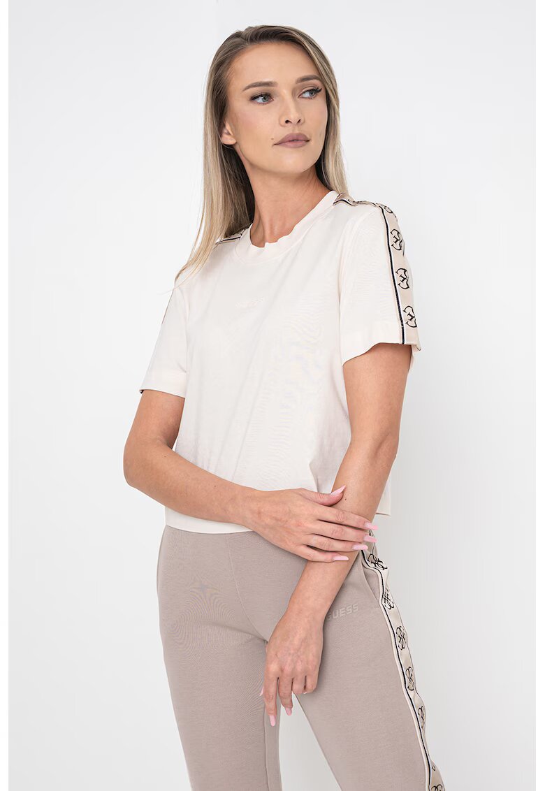 GUESS Tricou crop de bumbac cu segmente laterale cu logo - Bej