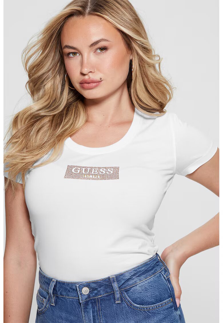 GUESS Tricou cu aplicatii logo cu strasuri - Alb