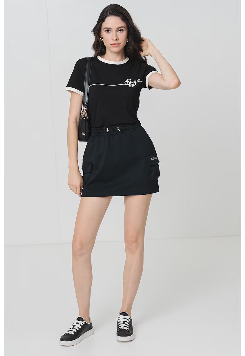 GUESS Tricou cu decolteu la baza gatului si imprimeu logo - Negru/Crem