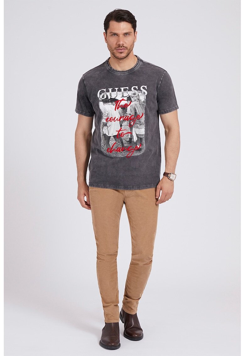 GUESS Tricou cu decolteu la baza gatului si imprimeu logo - Rosu/Alb/Gri