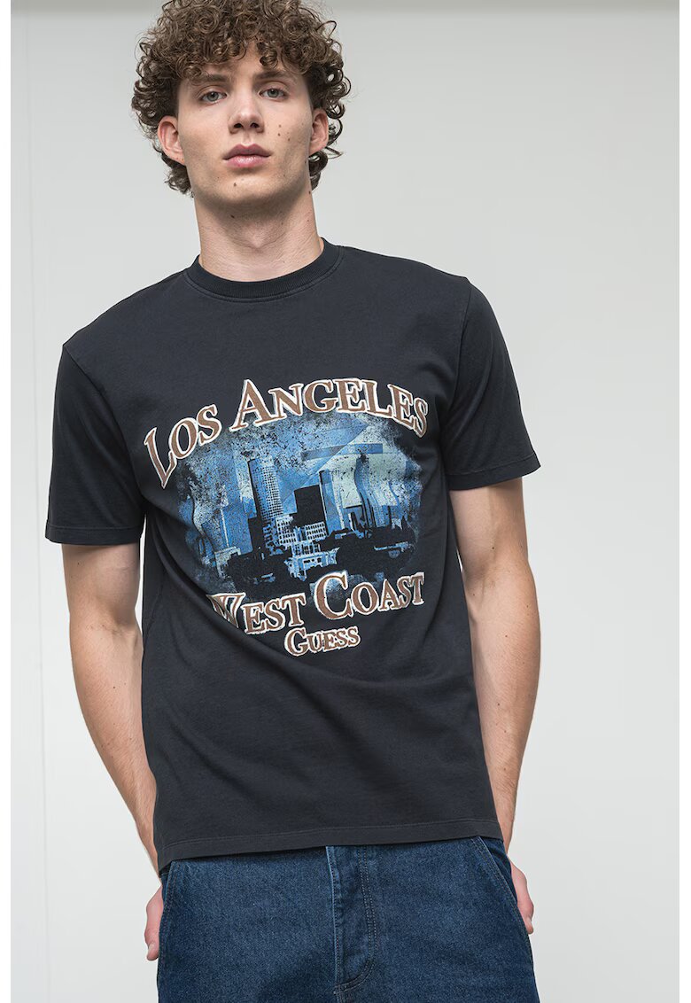 GUESS Tricou cu decolteu la baza gatului si imprimeu - Negru/Maro deschis/Albastru