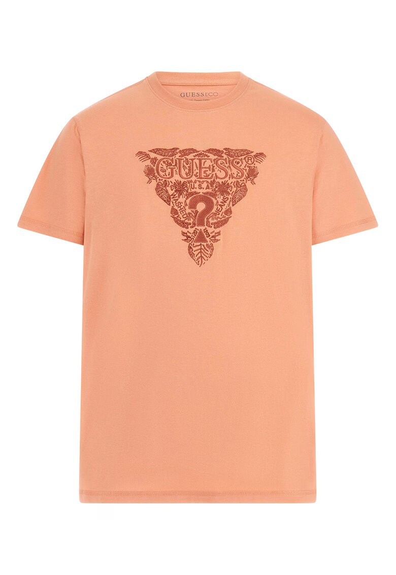 GUESS Tricou cu decolteu la baza gatului si logo brodat - Roz somon/Rosu inchis