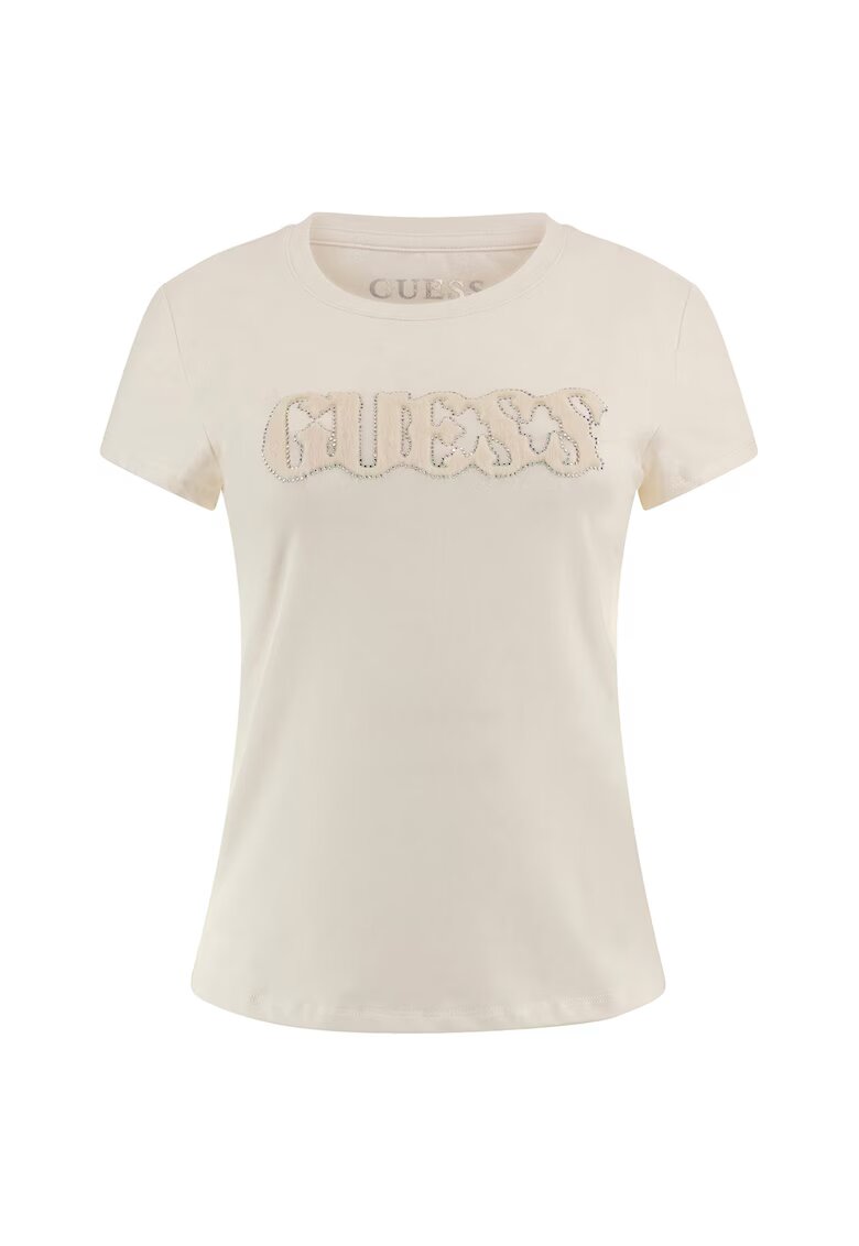GUESS Tricou cu decolteu la baza gatului si logo - Crem