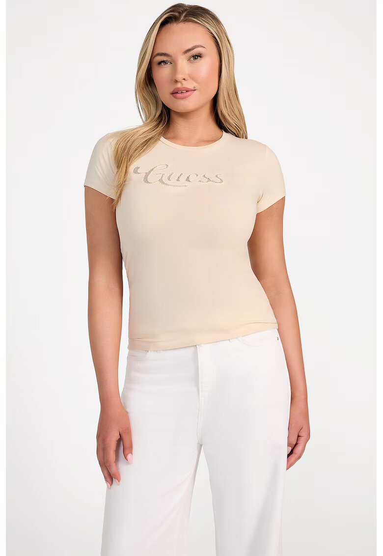 GUESS Tricou cu decolteu la baza gatului si logo pe piept - Bej inchis