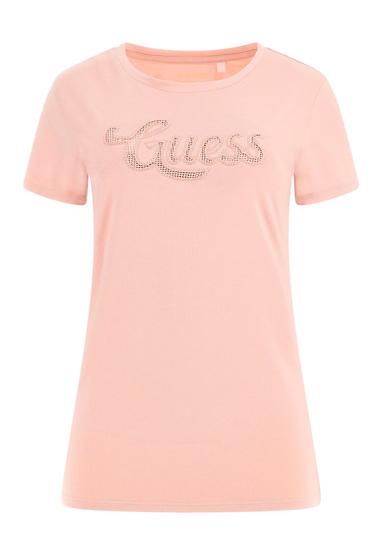 GUESS Tricou cu decolteu la baza gatului si logo pe piept - Piersica