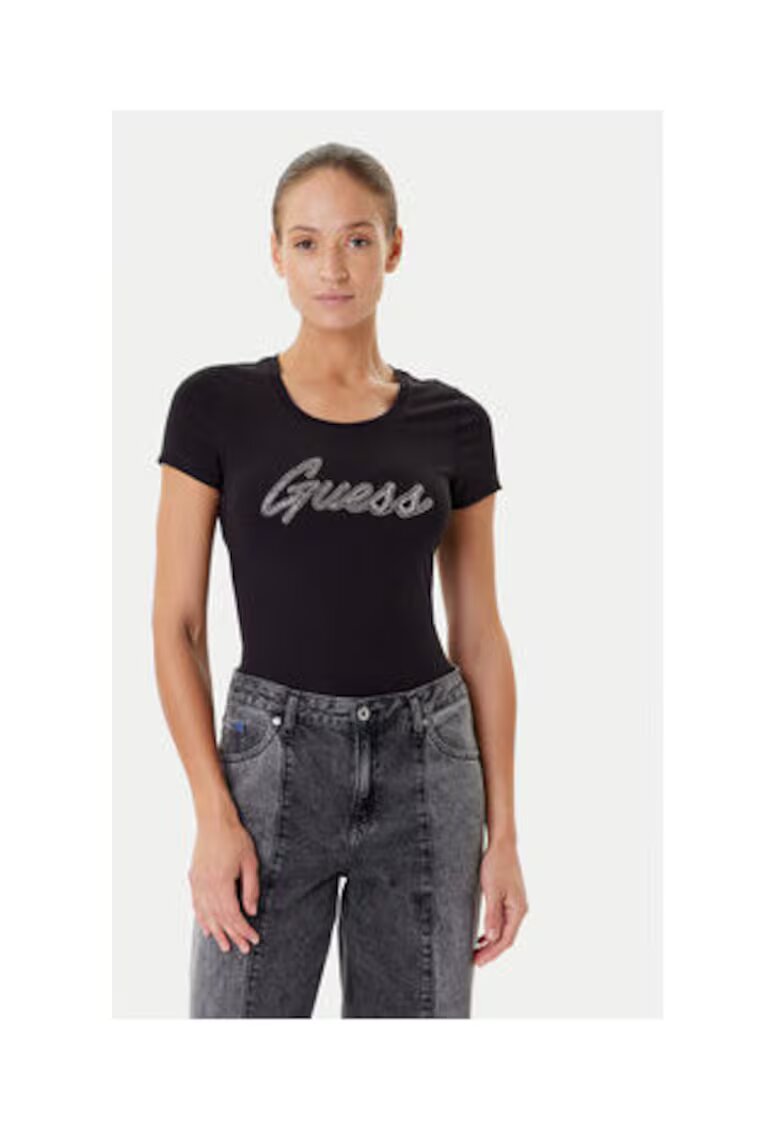 GUESS Tricou cu decolteu rotund din amestec de bumbac organic cu logo