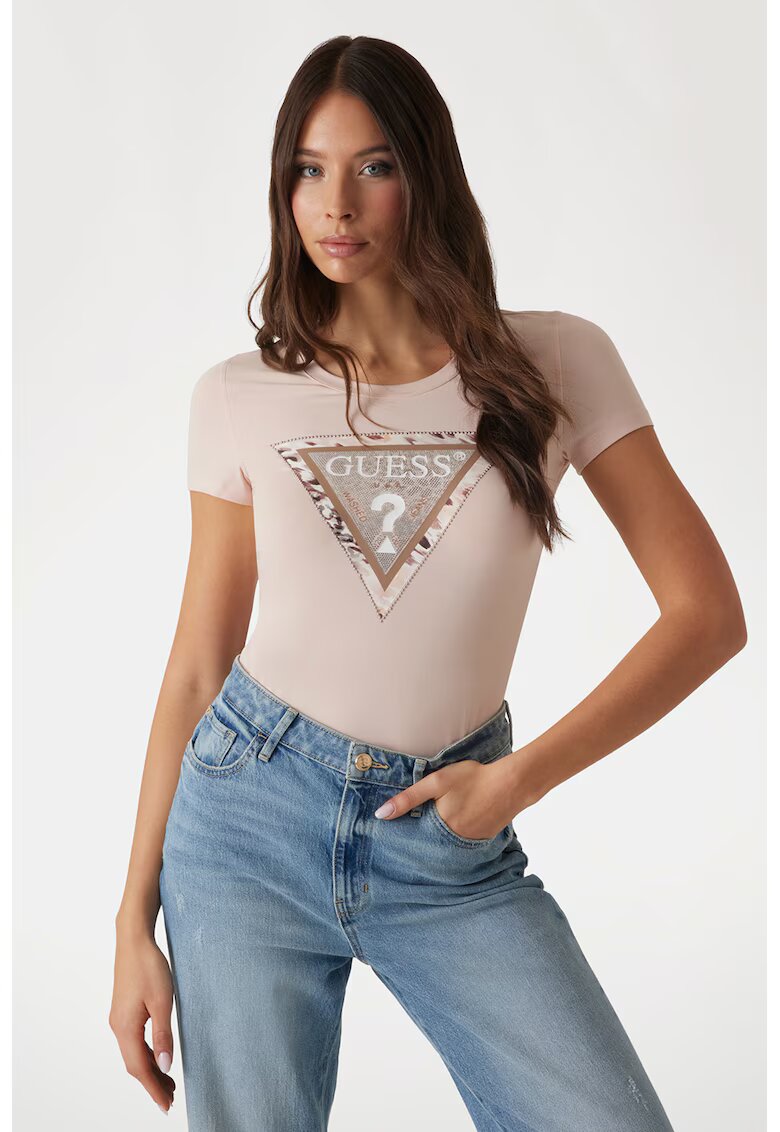 GUESS Tricou cu decolteu rotund si imprimeu logo - Alb murdar/Roz prafuit