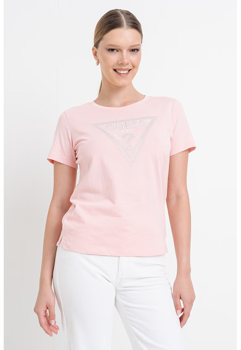 GUESS Tricou cu decolteu rotund si logo cu strasuri - Alb/Roz pastel/Argintiu