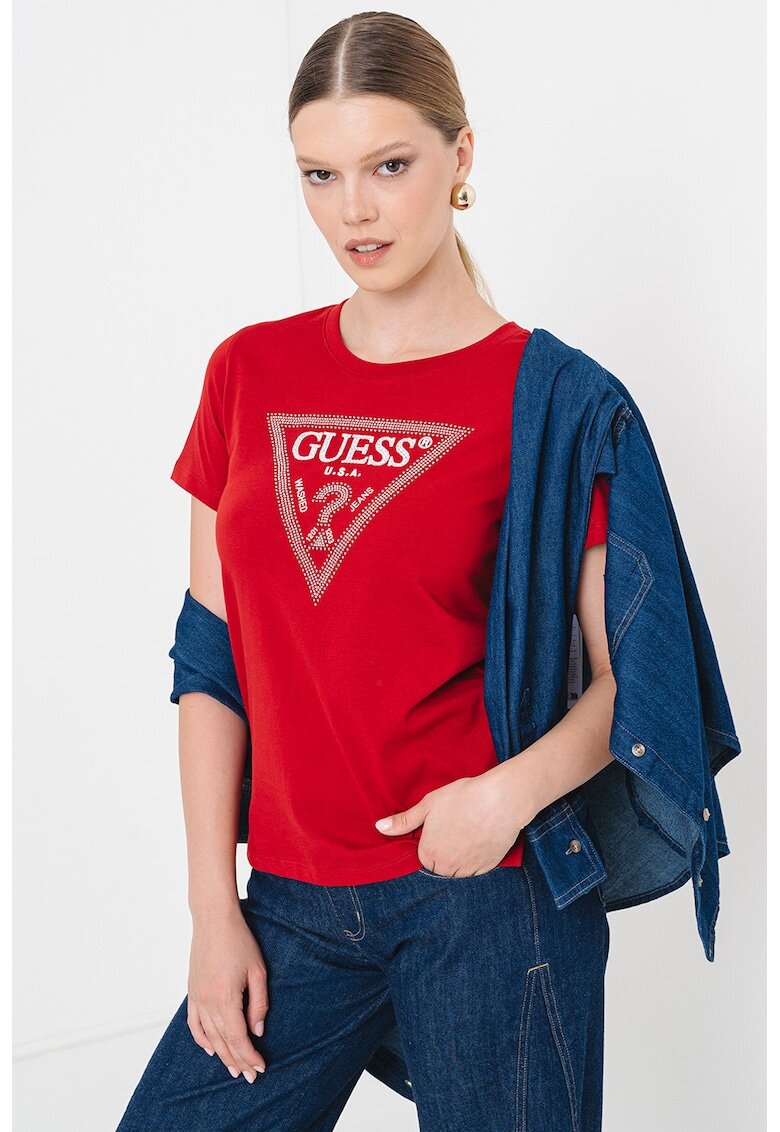 GUESS Tricou cu decolteu rotund si logo cu strasuri - Rosu inchis/Argintiu