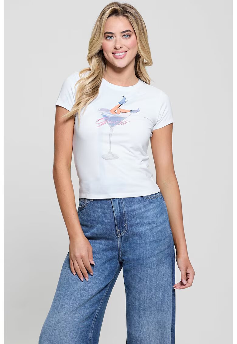 GUESS Tricou cu deolteu rotund si imprimeu - Alb/Albastru pastel/Roz