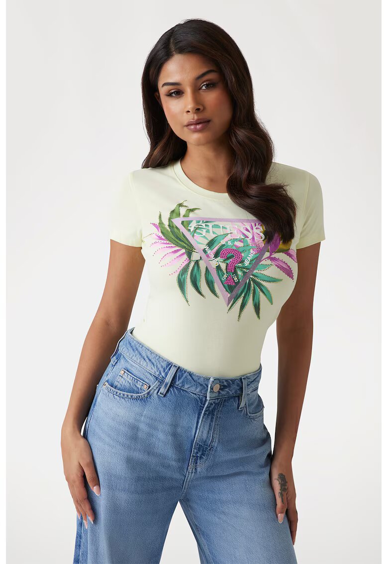 GUESS Tricou cu imprimeu floral - Verde/Violet/Galben pal