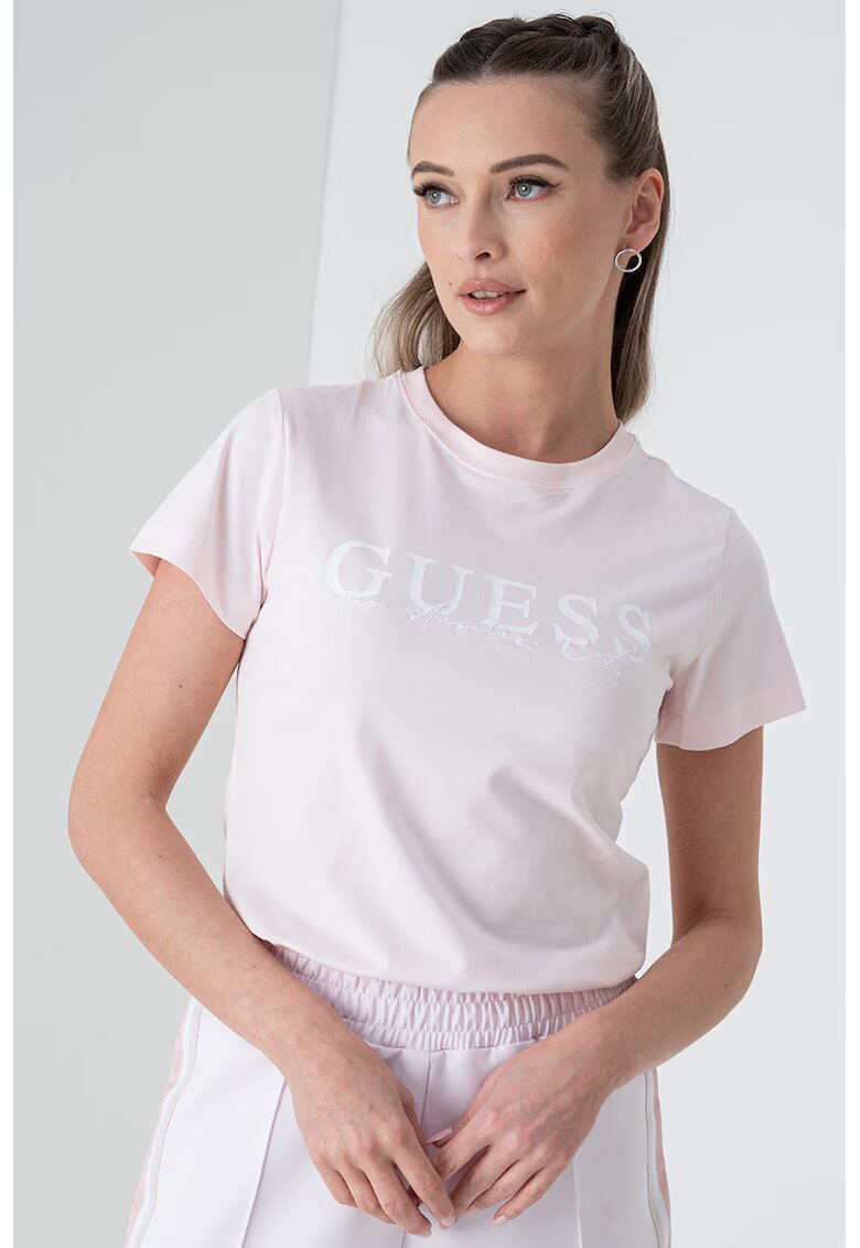 GUESS Tricou cu imprimeu logo pentru fitness - Alb/Roz pal