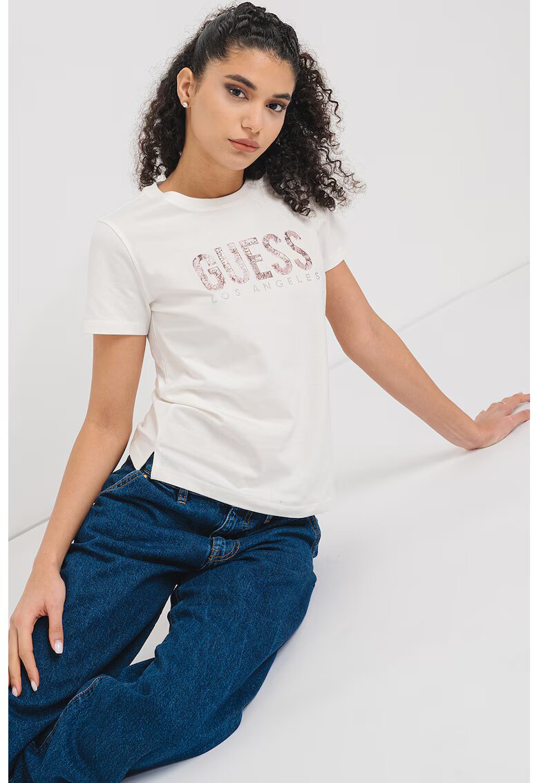 GUESS Tricou cu logo - Alb murdar
