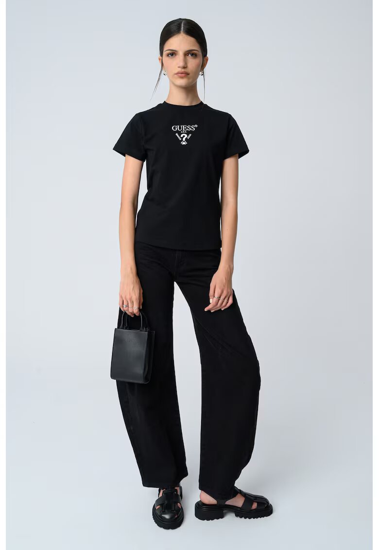 GUESS Tricou cu logo brodat pe piept - Negru/Alb murdar